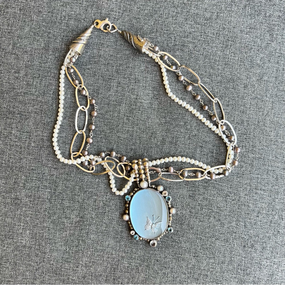 Mars And Valentine Multi-Strand Necklace with Pearls and Blue Butterfly Pendant